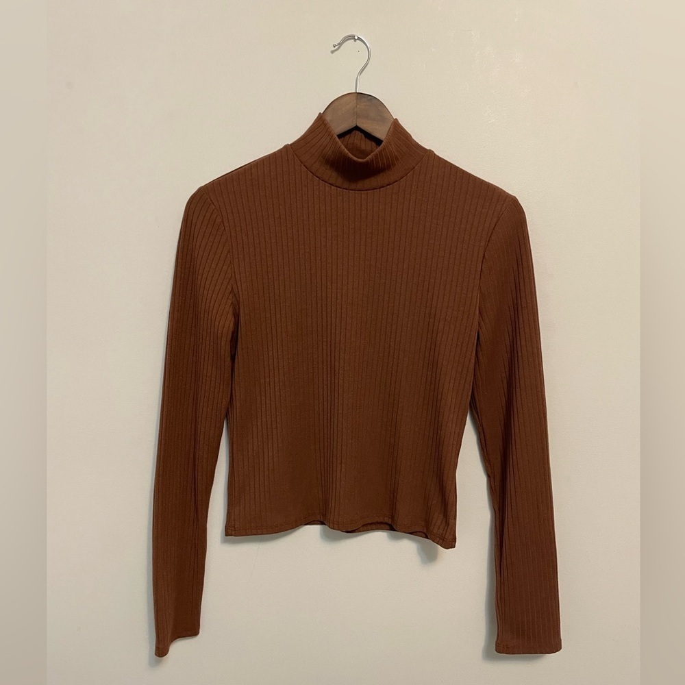 One Clothing Brown Ribbed High Neck Long Sleeve Top MEDIUM